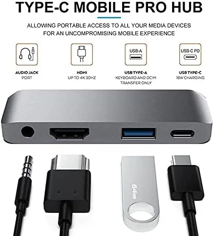 آداپتور هاب موبایل USB Type-C Pro با شارژ USB-C PD، USB 3.0 و جک هدفون 3.5 میلی‌متری، هاب تبلت