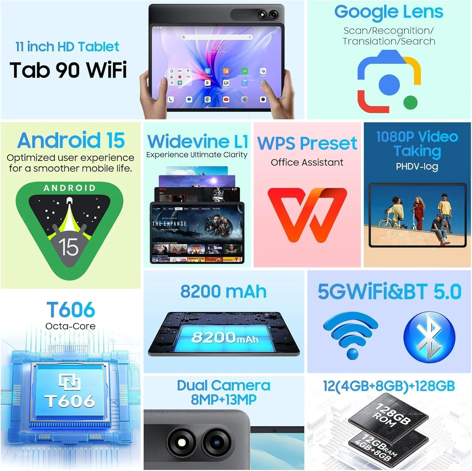 تبلت TAB90 WIFI با اندروید 15، صفحه نمایش 11 اینچی، 12 گیگابایت رم + 128 گیگابایت رام (قابلیت ارتقا تا 1 ترابایت با TF)، باتری 8200 میلی آمپر، شارژ سریع 10 واتی Widevine L1، وای فای 5G، دوربین 13+8 مگاپیکسل، Type-C، جک هدفون 3.5 میلی متری، بلوتوث 5.0 (بدون پشتیبانی از سیم کارت)