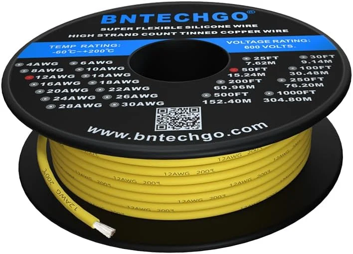 سیم سیلیکونی گیج 12 BNTECHGO، قرقره 15 متر، زرد، انعطاف پذیر، سیم مسی قلع اندود شده رشته ای گیج 12 سیم سیلیکونی گیج 12 BNTECHGO، قرقره 15 متر، زرد، انعطاف پذیر، سیم مسی قلع اندود شده رشته ای گیج 12