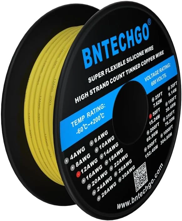 سیم سیلیکونی گیج 12 BNTECHGO، قرقره 15 متر، زرد، انعطاف پذیر، سیم مسی قلع اندود شده رشته ای گیج 12 سیم سیلیکونی گیج 12 BNTECHGO، قرقره 15 متر، زرد، انعطاف پذیر، سیم مسی قلع اندود شده رشته ای گیج 12