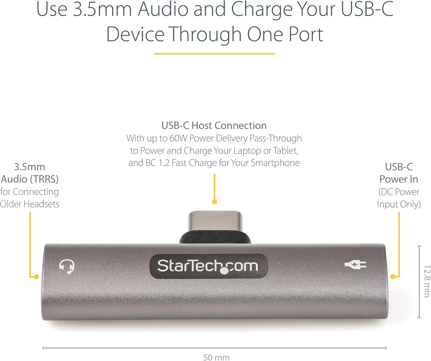 آداپتور صدا و شارژ USB C استار تک - آداپتور صدای USB-C با جک هدفون/هدست 3.5 میلی‌متری TRRS و شارژر عبوری USB Type-C با توان 60 وات - برای تلفن/تبلت/لپ‌تاپ USB-C (CDP235APDM)