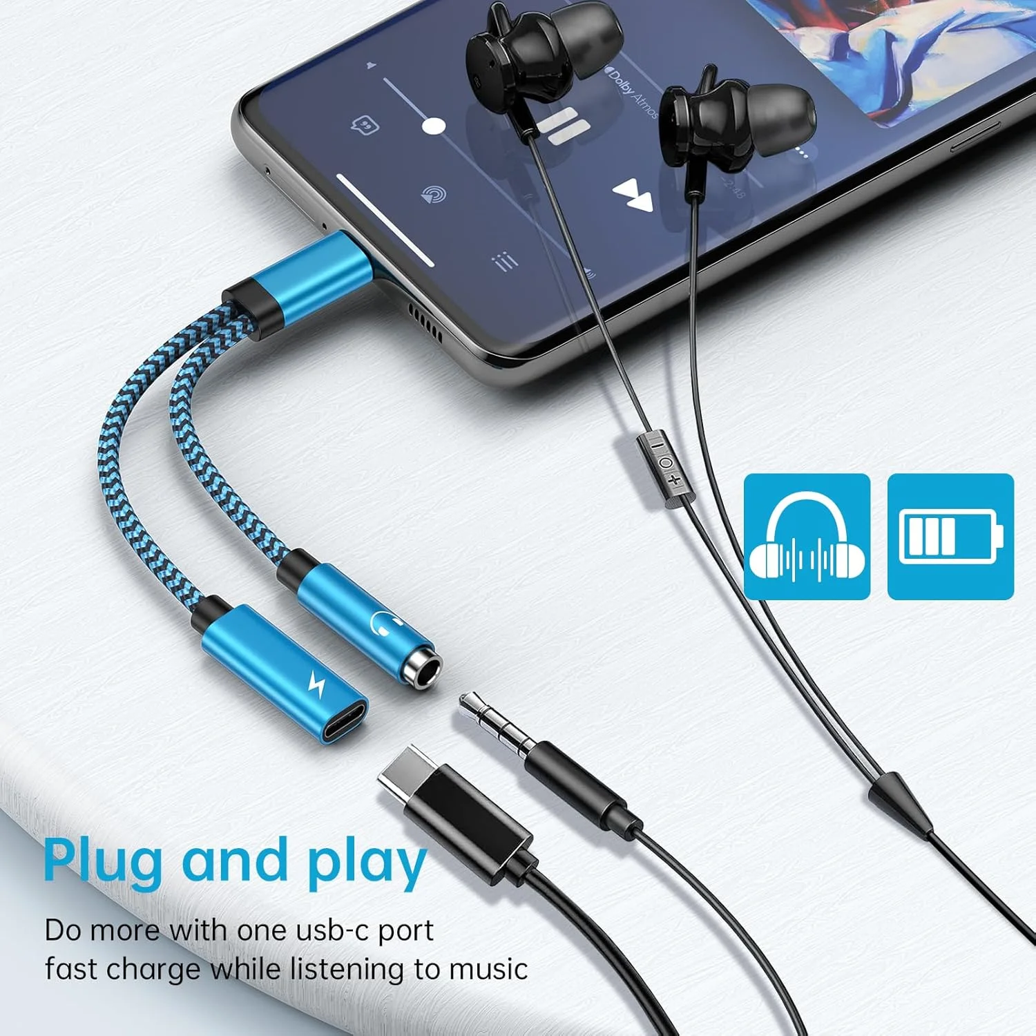 تبدیل USB Type C به جک 3.5 میلی‌متری هدفون و شارژر سامسونگ، پورت شارژ 60W PD به جک صوتی AUX و کابل شارژ سریع برای Galaxy S25 Ultra/S23/S24، Google Pixel 9a/8a/8Pro/7، iPhone 16e