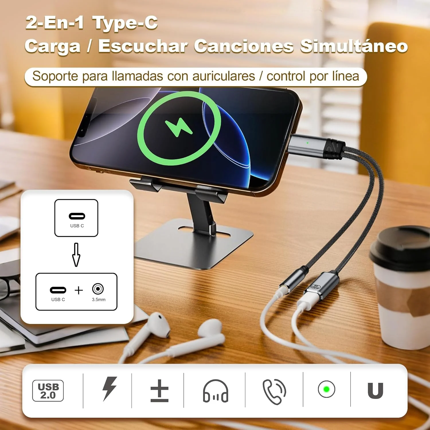 کابل تبدیل USB-C دو منظوره SlaBao با آداپتور جک 3.5 میلی‌متری Type-C، آداپتور صوتی HiFi با تراشه DAC برای هدفون و شارژ 100 واتی PD برای آیفون 16 پرو، گلکسی و سایر دستگاه‌های Type-C