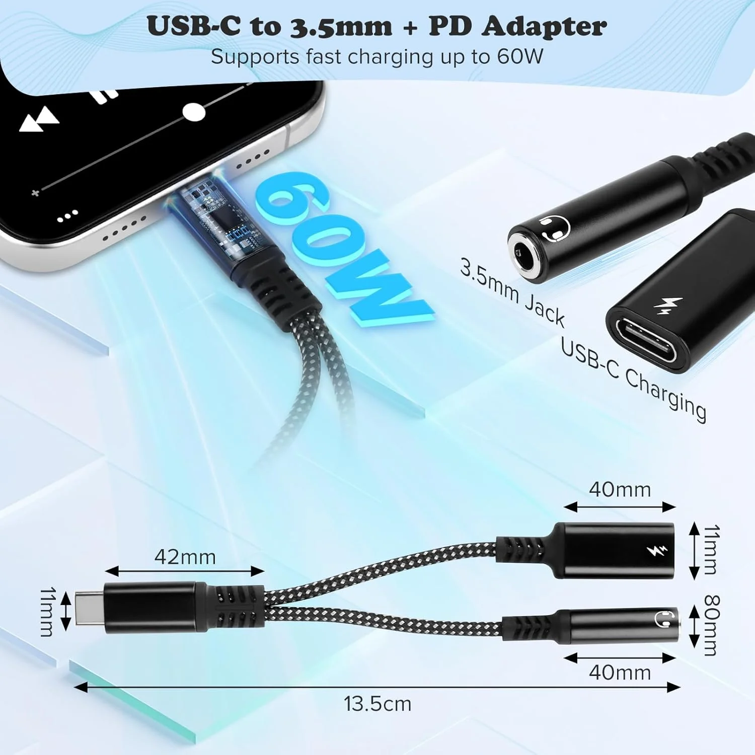 آداپتور هدفون USB C دو در یک RISVOWO و شارژ، آداپتور ELEPRUC و شارژ برای هدفون های Type-C، جک 3.5 میلی متری USB C از PD 60 وات سریع پشتیبانی می کند، آداپتور هدست جک Type C برای دستگاه های Type-C
