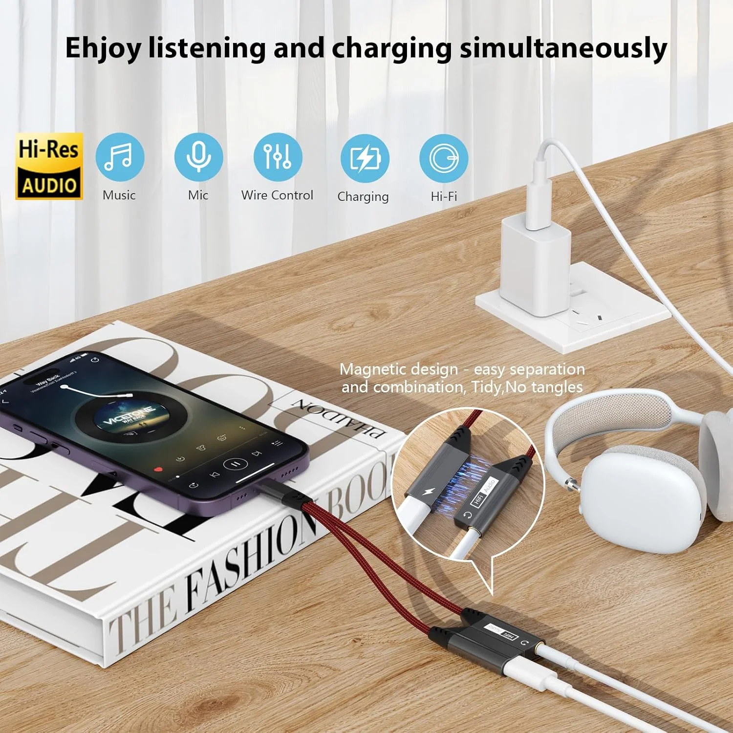 آداپتور USB C به هدفون 3.5 میلی متری و شارژر Opluz، کابل دانگل صوتی 2 در 1 Type C به Aux با دانگل شارژ سریع PD 60W، سازگار با آیفون، گلکسی، ال جی، شیائومی