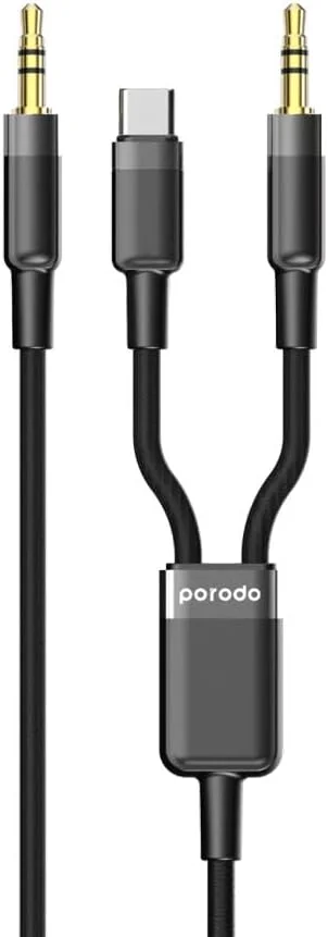 کابل صوتی 2 در 1 پوردو AUX 3.5 به 3.5 + Type-C به طول 1.2 متر | منبع صدا، بدون گره خوردگی، طول عمر 15000+ خمش - مشکی