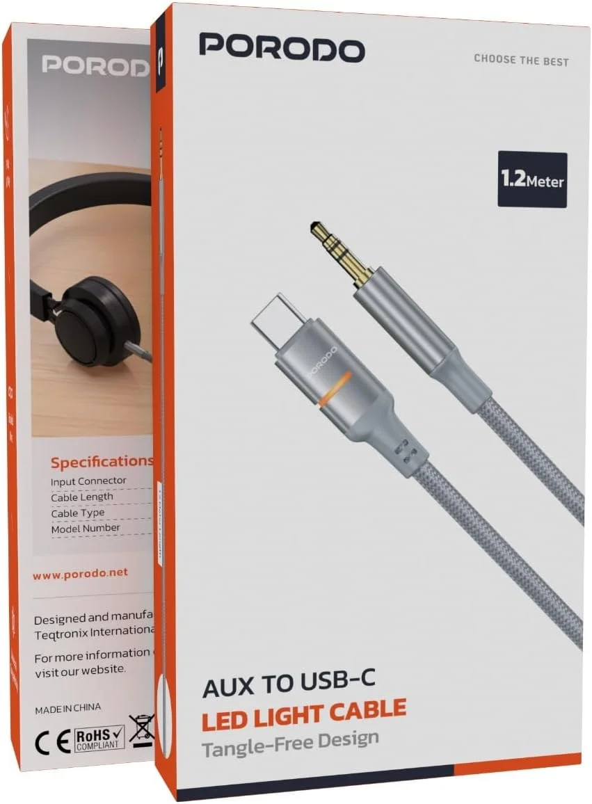 کابل AUX به USB-C با نور LED پرودو، طول 1.2 متر، کابل بافته شده، طراحی بدون گره خوردگی، اتصال آسان، سازگاری جهانی - خاکستری
