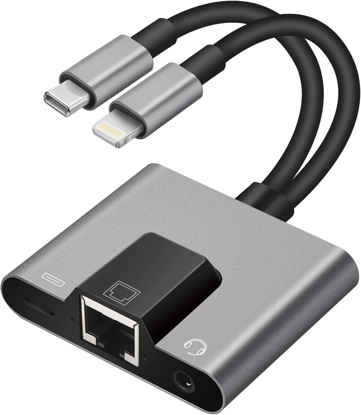 آداپتور شبکه 3 در 1 لایتنینگ و تایپ سی به RJ45 اترنت با پورت شارژ و جک صوتی 3.5 میلی متری، طراحی Plug and Play، پشتیبانی از اتصال اینترنت سیمی 100 مگابیت در ثانیه برای استفاده پایدار از شبکه