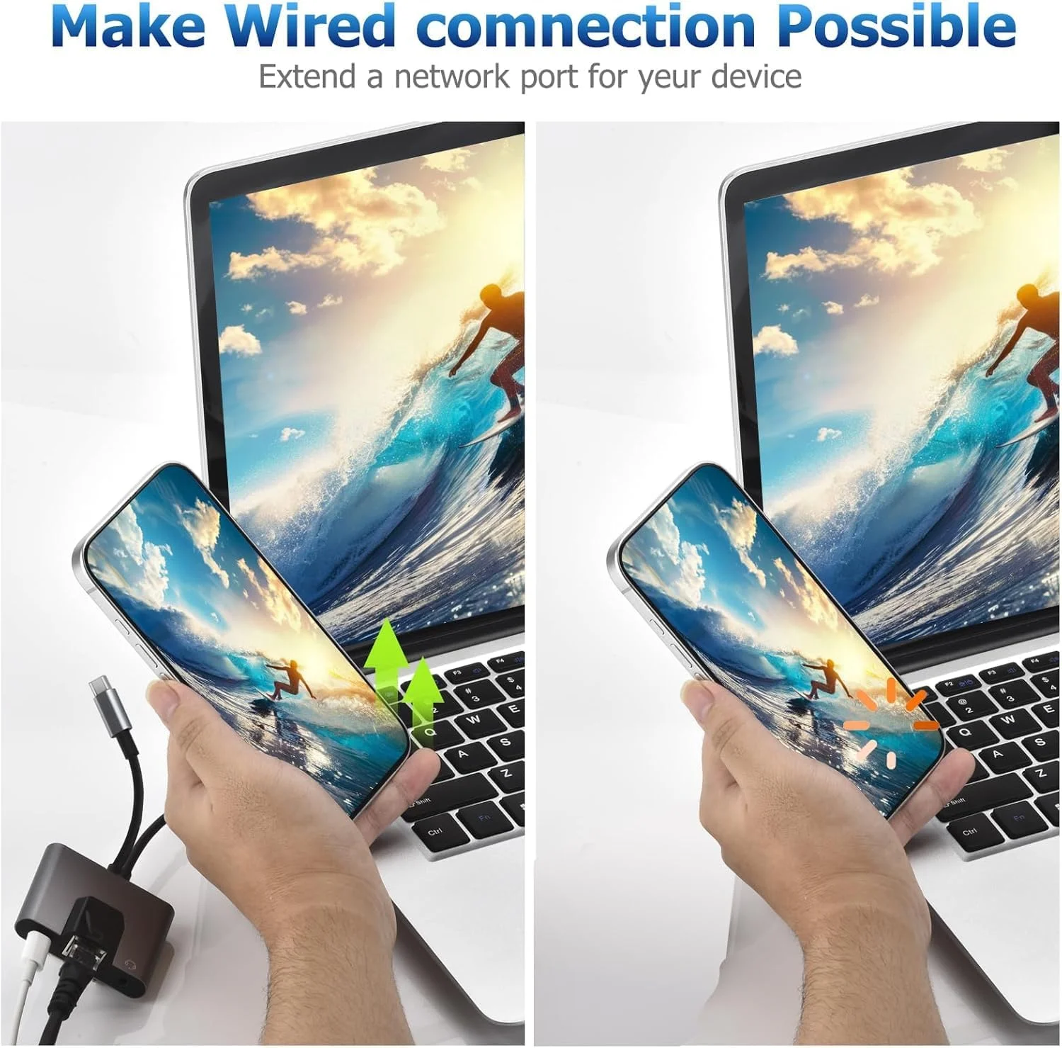 آداپتور شبکه 3 در 1 لایتنینگ و تایپ سی به RJ45 اترنت با پورت شارژ و جک صوتی 3.5 میلی متری، طراحی Plug and Play، پشتیبانی از اتصال اینترنت سیمی 100 مگابیت در ثانیه برای استفاده پایدار از شبکه