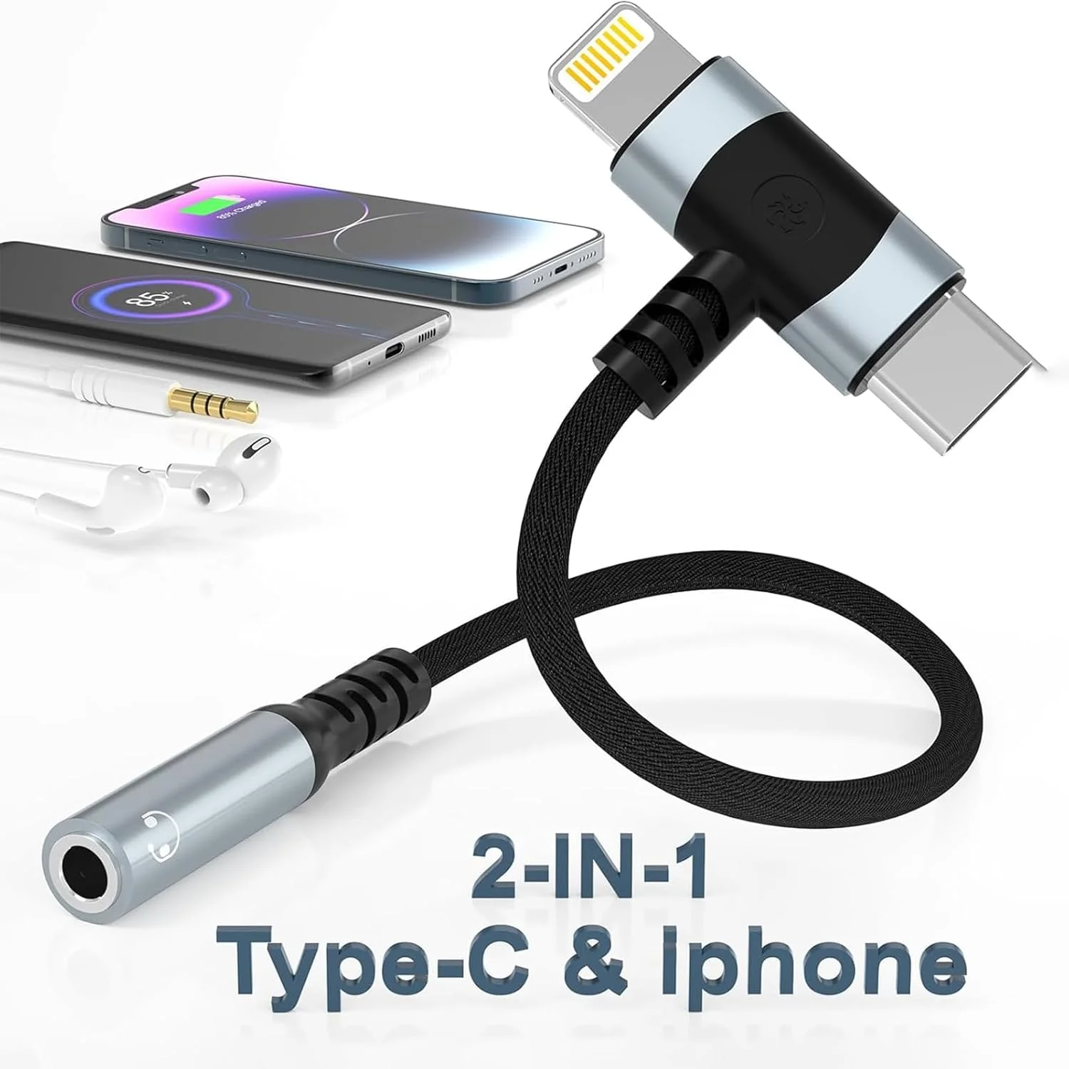 تبدیل USB-C به 3.5 میلی‌متری و لایتنینگ 2 در 1 با کیفیت صدای HiFi، آداپتور جک هدفون کاربردی با سازگاری گسترده، Type-C به 3.5 میلی‌متری برای دستگاه‌های IOS و اندروید