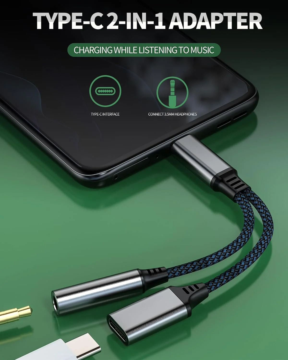 آداپتور USB C به جک 3.5 میلی‌متری هدفون 2 در 1، کابل اتصال شارژ و برق Type C، کابل AUX صوتی خودرو، اتصال دوگانه هدست سازگار با Apple iPhone 15 iPad و Samsung