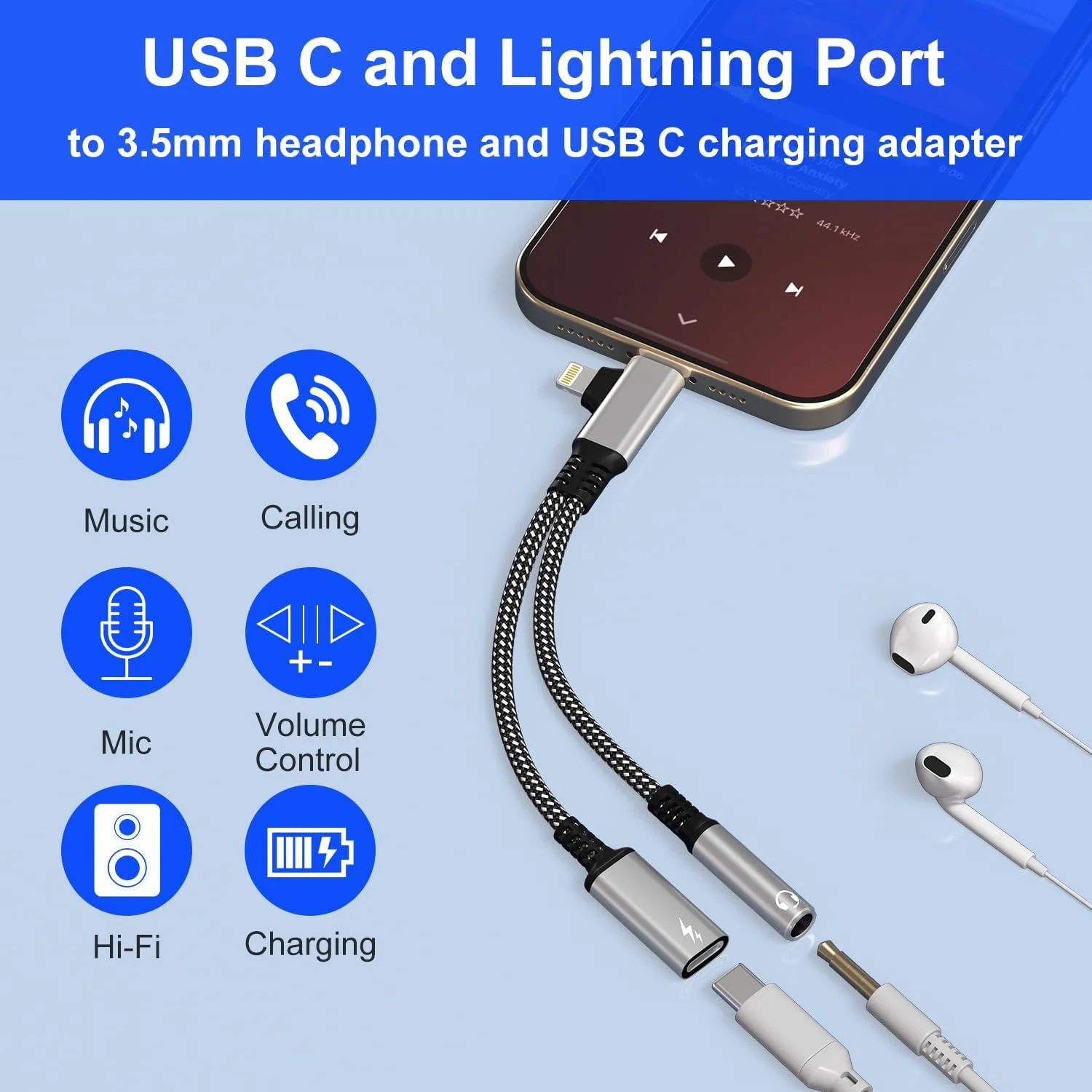هدفون با جک 3.5 میلی‌متری و آداپتور شارژ با USB C و لایتنینگ برای آیفون 16/15/14 - آداپتور 2 در 1 آیفون برای هدفون AUX و شارژ سریع 60 واتی PD به طور همزمان، عملکرد تلفنی