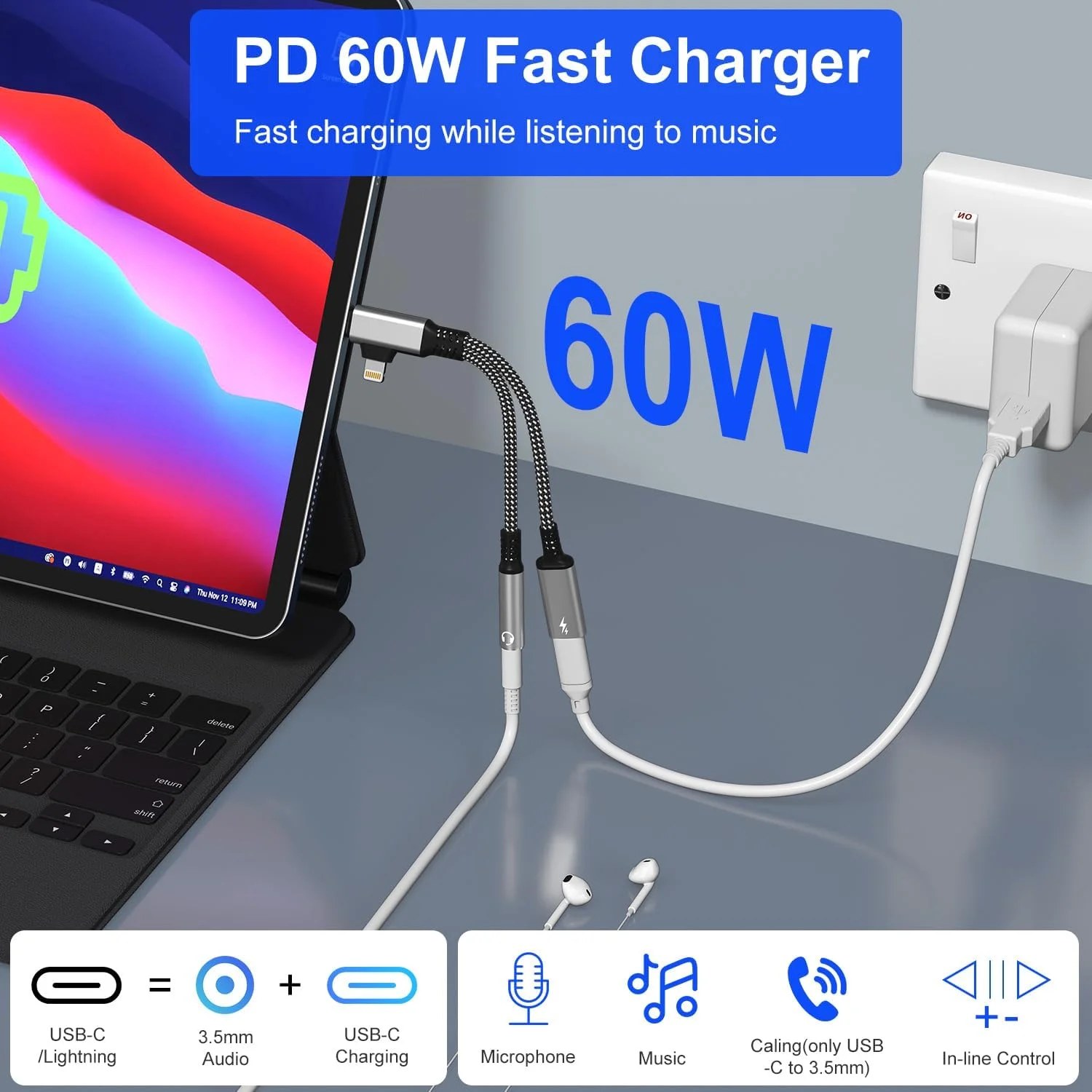 هدفون با جک 3.5 میلی‌متری و آداپتور شارژ با USB C و لایتنینگ برای آیفون 16/15/14 - آداپتور 2 در 1 آیفون برای هدفون AUX و شارژ سریع 60 واتی PD به طور همزمان، عملکرد تلفنی