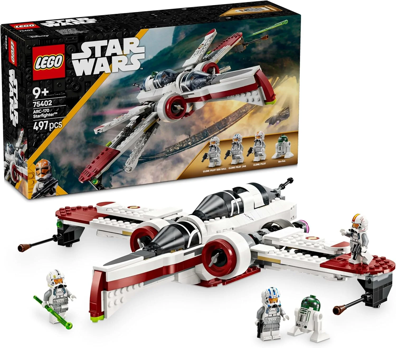 اسباب بازی ساختنی جنگنده ستاره ای ARC-170 LEGO Star Wars 75402 به همراه 3 مینی فیگور خلبان کلون، به علاوه یک فیگور R4-P44 Droid، ایده هدیه تولد برای طرفداران انتقام سیث، پسران و دختران 9+ ساله