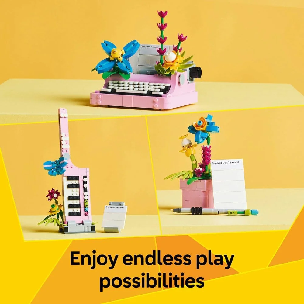 لگو Creator 3in1 ماشین تحریر با گل - تبدیل به مدل کیتار یا گلدان با قلم و دفترچه - مجموعه ساختنی برای دختران و پسران 8 سال به بالا - هدیه تولد خلاقانه - 31169