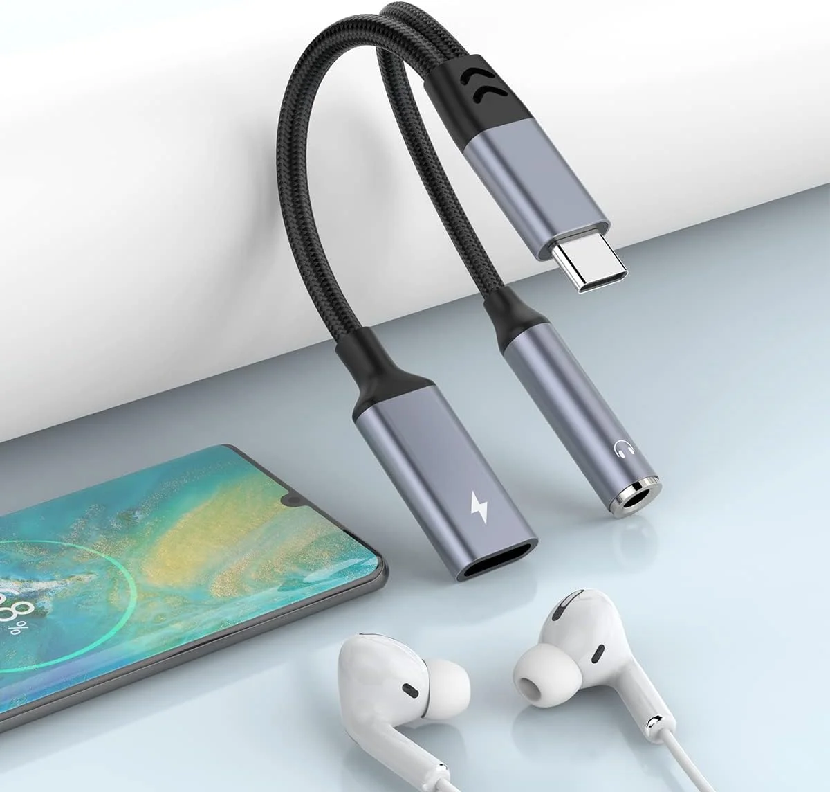 تبدیل USB-C به جک 3.5 میلی‌متری هدفون و کابل شارژر 2 در 1، مبدل صوتی Type-C برای تماس ویدیویی، موسیقی، شارژ، HiFi، میکروفون و کنترل برای Samsung Galaxy/iPad Pro Air/Huawei/Pixel