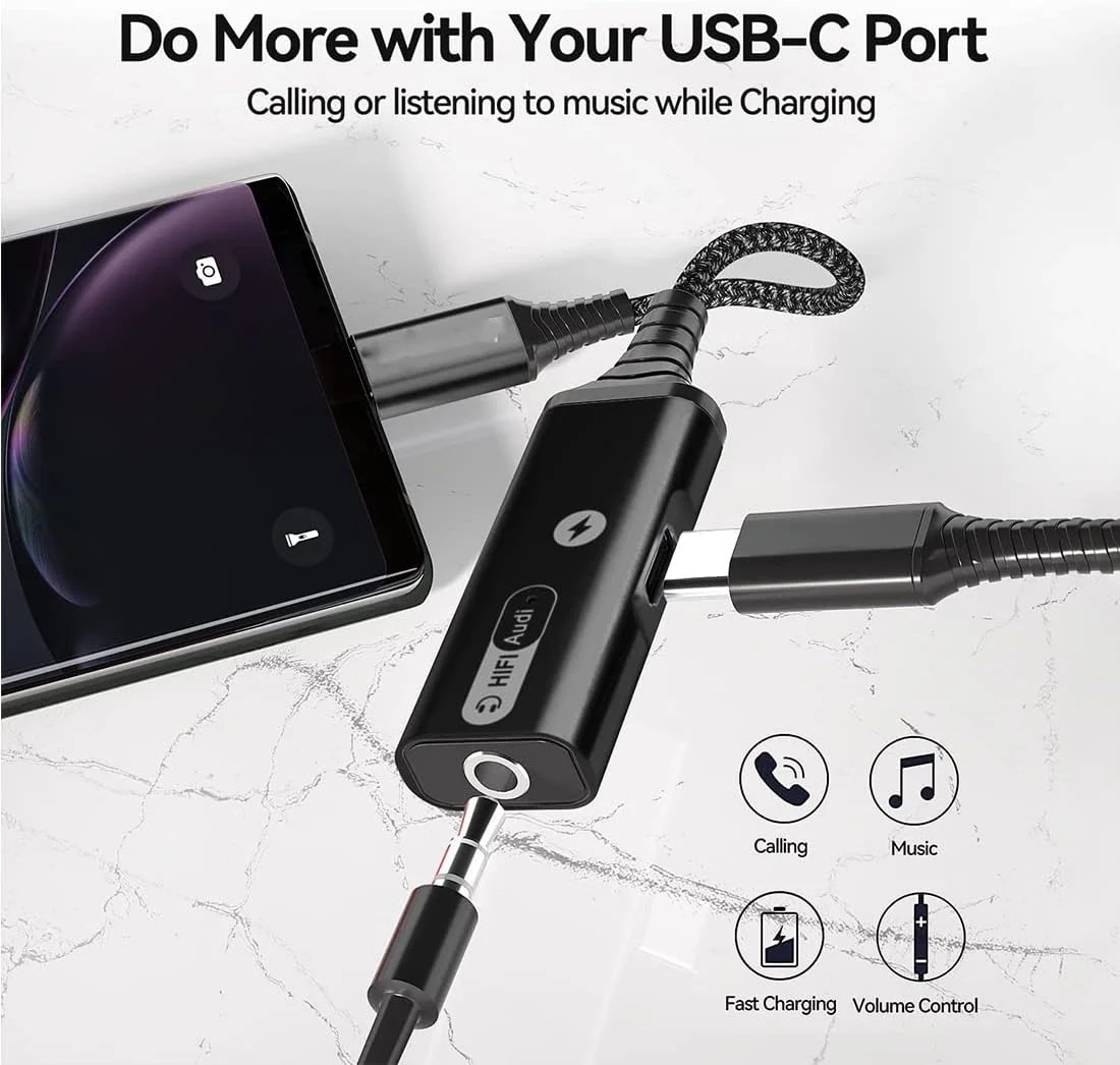آداپتور USB-C به جک هدفون 3.5 میلی‌متری و شارژر، تبدیل Type-C به AUX میکروفون، 2 در 1 با شارژ سریع PD 60W، سازگار با Galaxy S22/S23 Ultra, Note20, Pixel 6, iPad Pro