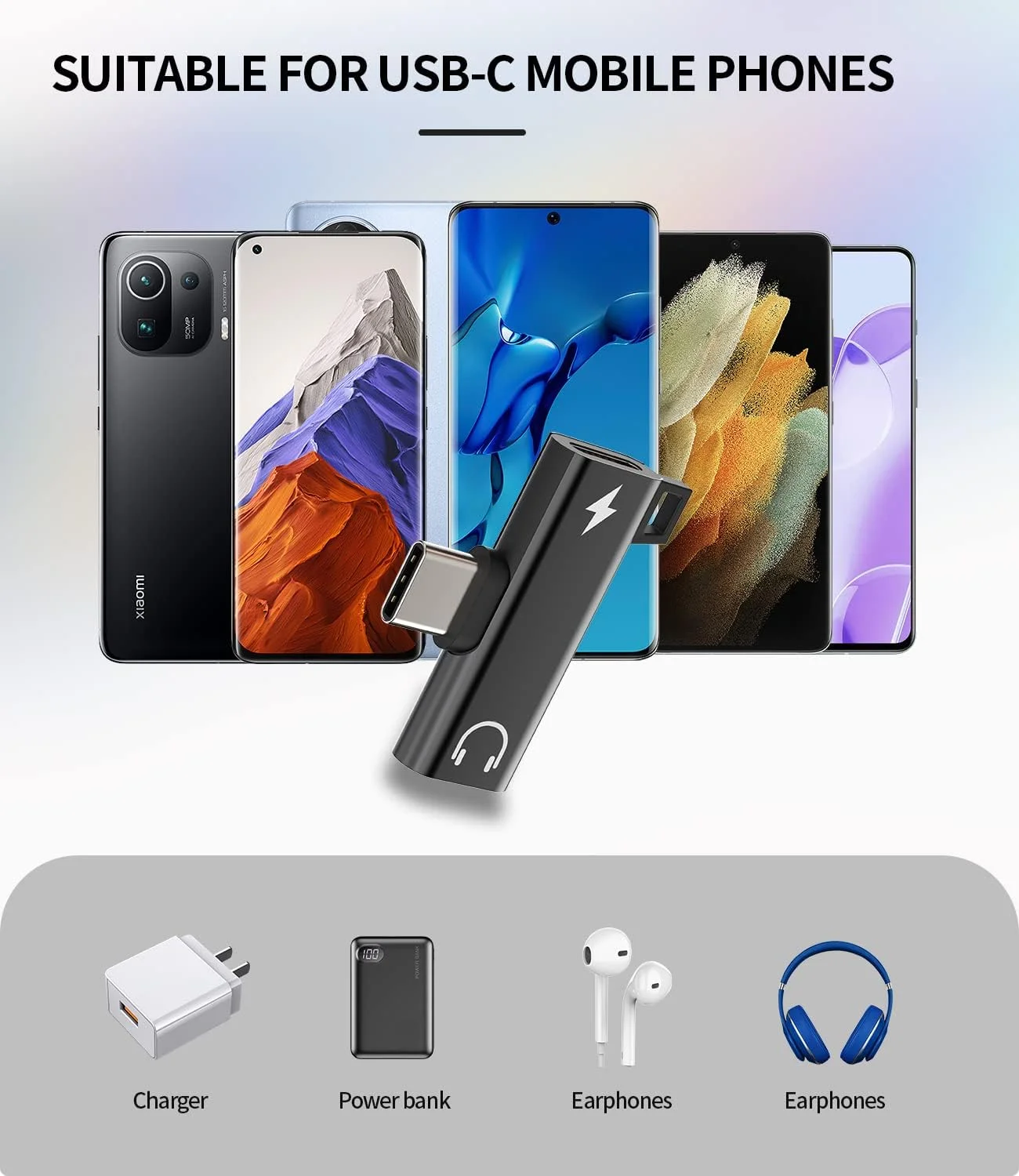 آداپتور هدفون دوگانه USB-C، دانگل شارژ صدا DAC Type C 2in1، کابل تقسیم کننده Aux برای شارژ و اتصال لوازم جانبی، مناسب برای Galaxy S22 S21 FE Ultra، Apple، iPhone 15 Pro Max Plus و iPad Pro