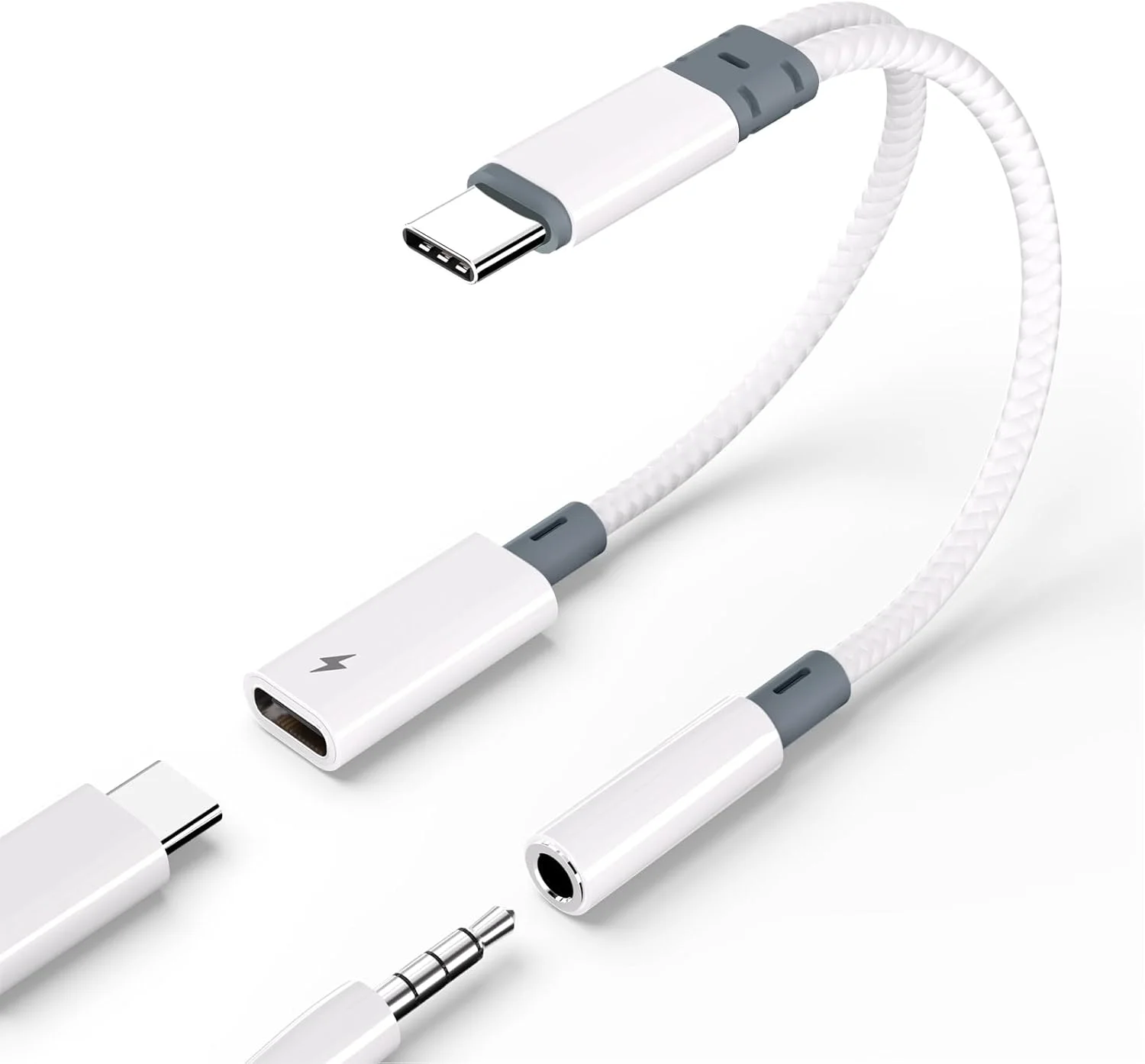 تبدیل USB-C به جک هدفون 3.5 میلی‌متری و شارژر، آداپتور 2 در 1 AUX به USB-C با کابل شارژ سریع PD برای گوشی‌های 16 15 Pro Max Samsung Galaxy S24 S23 S22 Pixel Ultra, iPad Pro