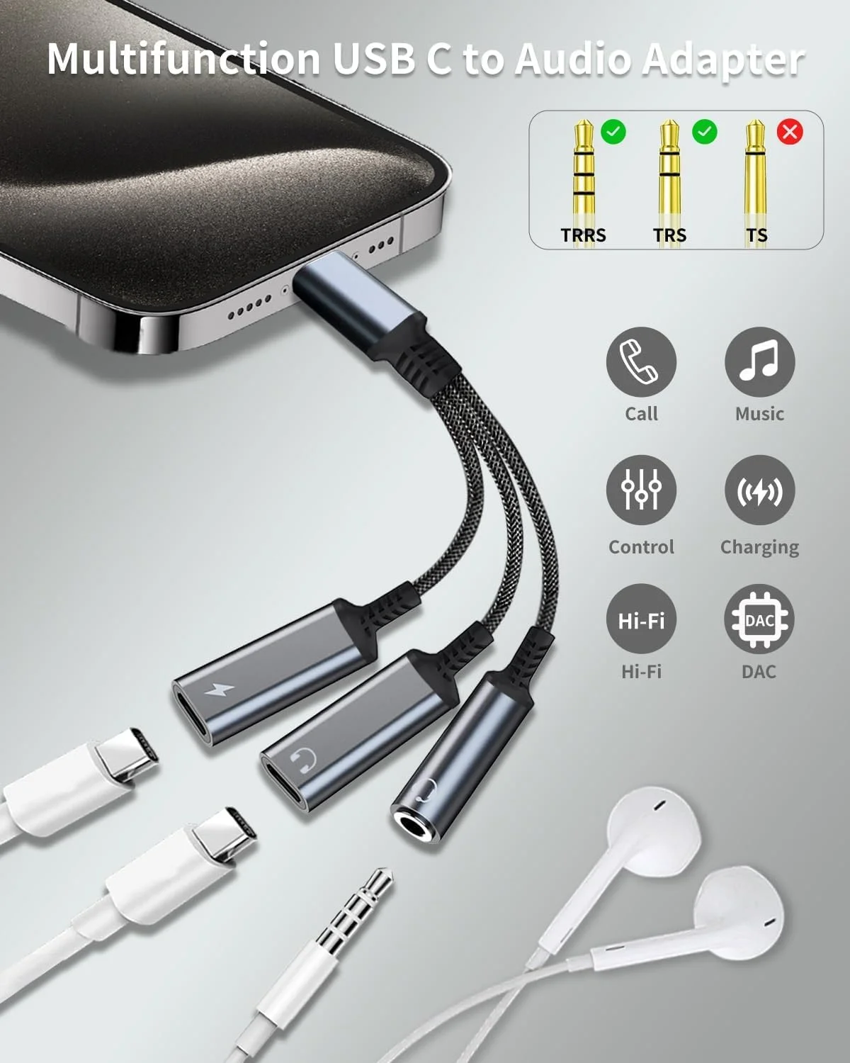 آداپتور USB-C به جک هدفون 3.5 میلی‌متری و شارژر، تبدیل 3 در 1 دوگانه Type C Aux برای شارژ، جک هدفون، سازگار با Phone 15/16 Pro/Max/Plus، iPad، Galaxy S22/S23/S24 Ultra