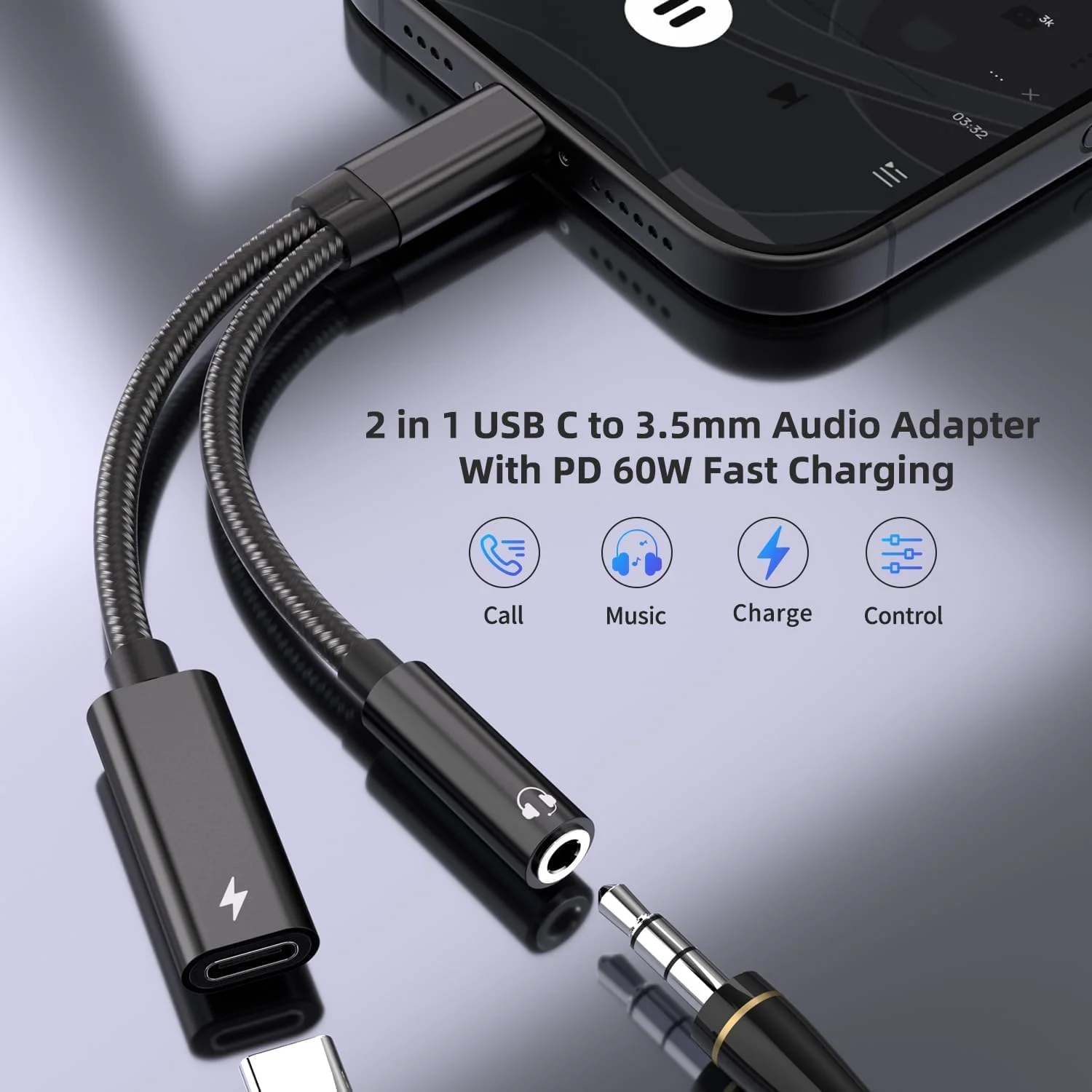 آداپتور 2 در 1 USB C به جک 3.5 میلی‌متری هدفون و شارژر، USB C به جک میکروفون AUX با شارژ سریع PD 60W برای استریو، هدفون، سازگار با Samsung Galaxy S25/S24/S23/S22+، Google Pixel 8/7