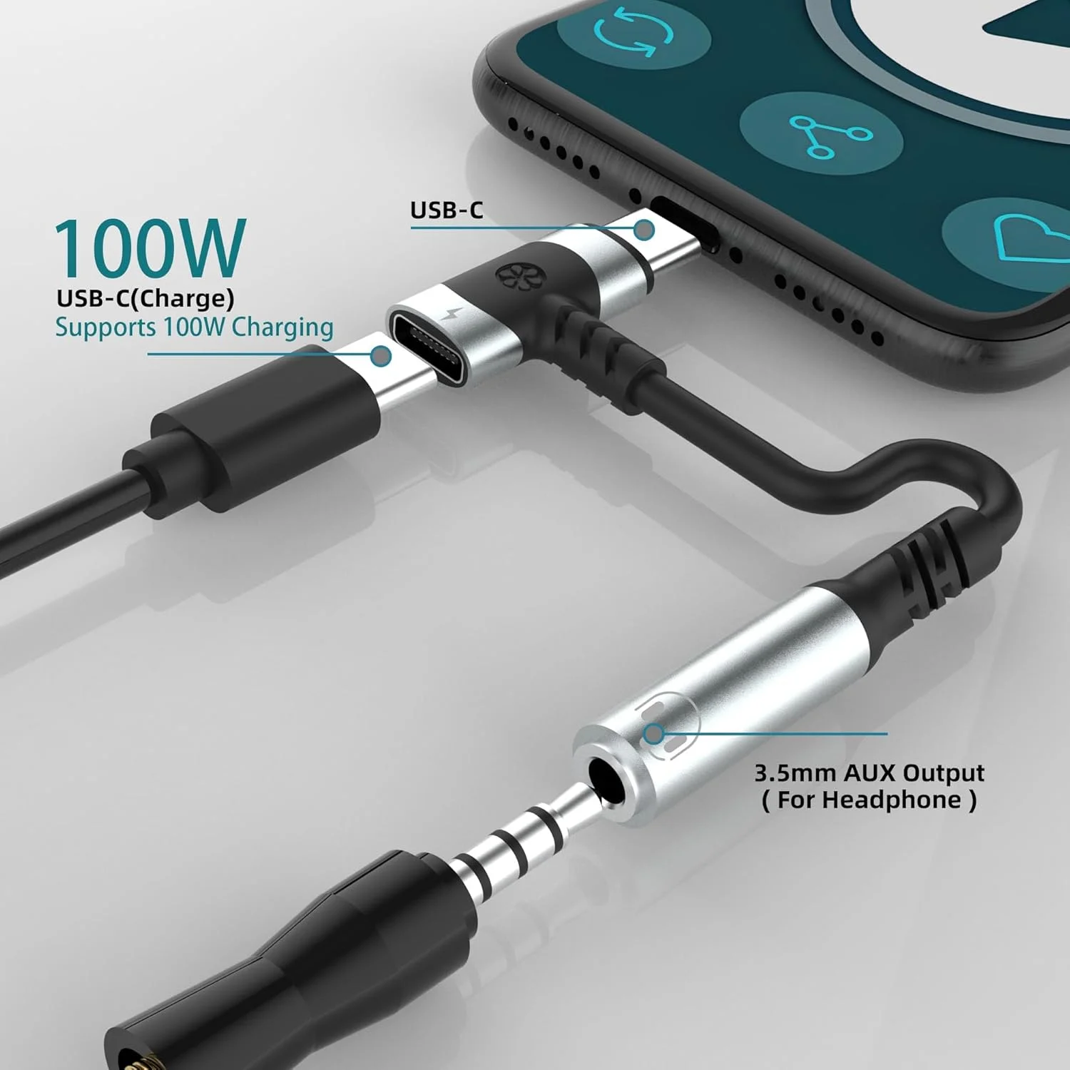 آداپتور USB C به جک هدفون 3.5 میلی‌متری و شارژر، تبدیل 2 در 1 USB C به جک صوتی AUX با شارژ سریع PD 100W برای هدفون سازگار با Samsung S24/23 Ultra iPad Pro Air