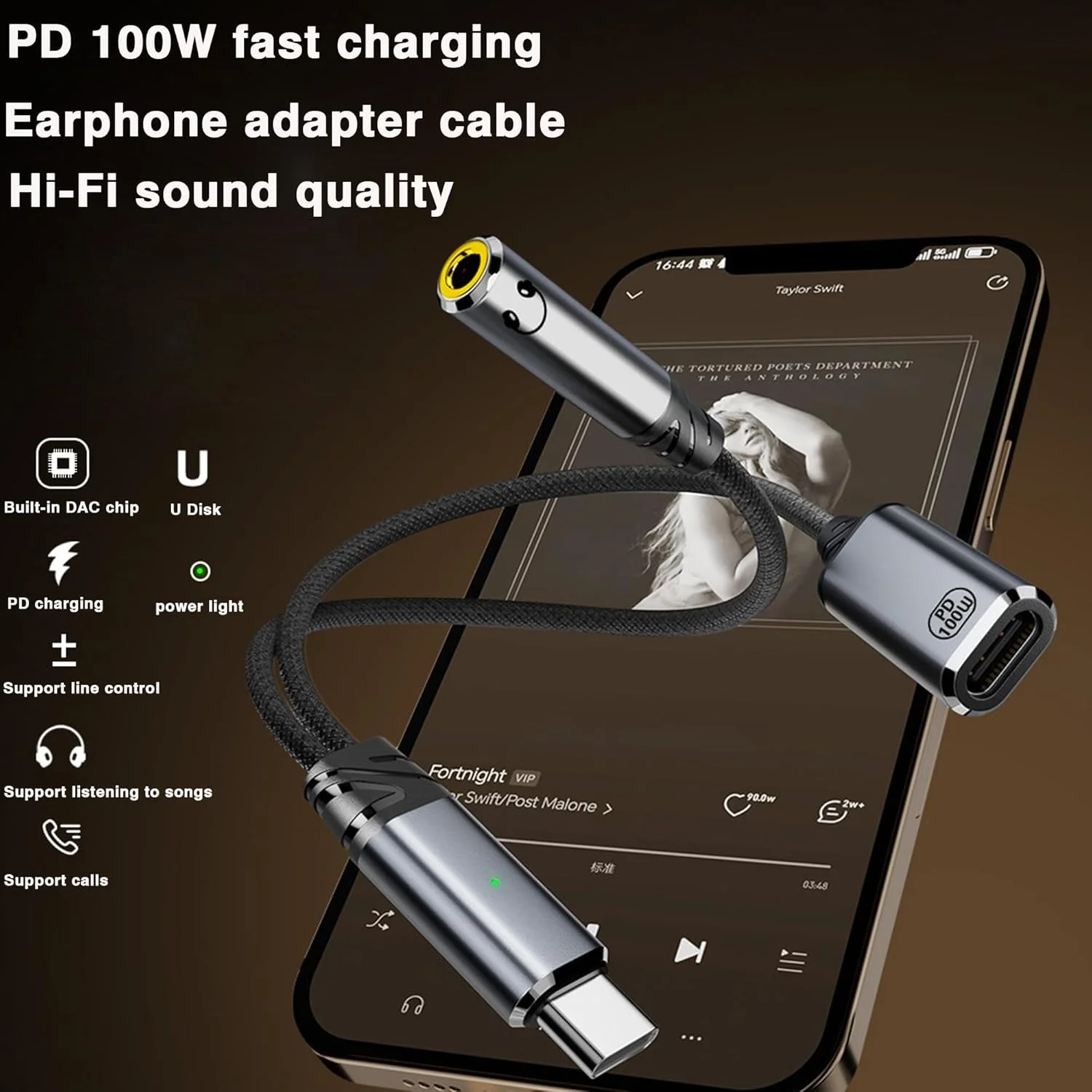 آداپتور USB C به جک هدفون 3.5 میلی‌متری و شارژر، پورت شارژ 2 در 1 USB C PD 3.0 به جک صوتی Aux و کابل آداپتور شارژ سریع 100 واتی سازگار با iPhone 16/15 Pro، Galaxy S25 S24 S23 Ultra
