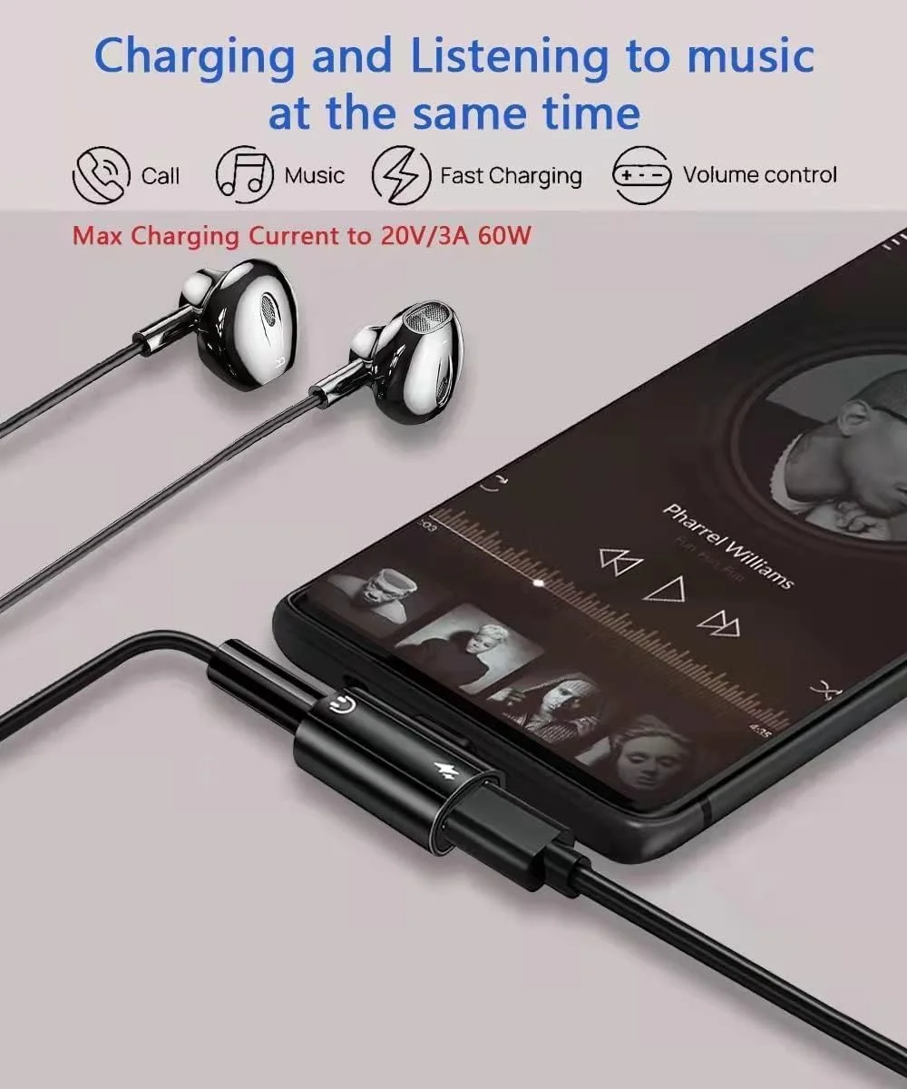 آداپتور USB-C به جک هدفون 3.5 میلی‌متری و شارژر، تبدیل 2 در 1 USB-C به جک هدفون 3.5 میلی‌متری AUX با شارژ سریع 60 واتی PD سازگار با Samsung Galaxy S22/S22 Ultra/S21/S21+/S21 FE، Google Pixel 5/4
