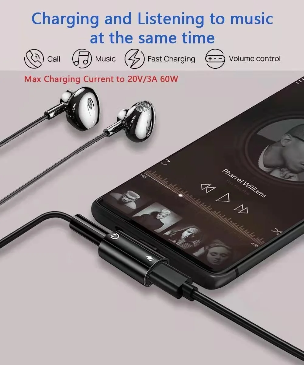 آداپتور USB C به جک هدفون 3.5 میلی‌متری و شارژر، تبدیل 2 در 1 USB C به جک هدفون 3.5 میلی‌متری Aux با شارژ سریع 60 واتی PD سازگار با Samsung Galaxy S22/S22 Ultra/S21/S21+/S21 FE، Google Pixel 5/4