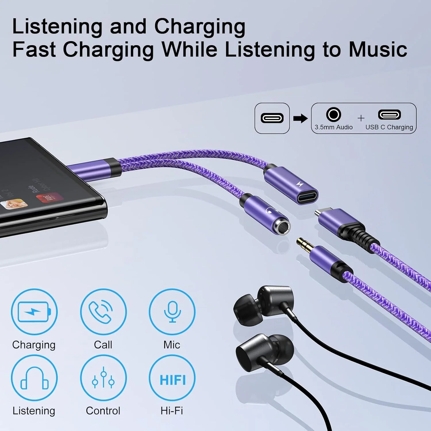 تبدیل USB C به هدفون و شارژر، آداپتور 2 در 1 Type C به جک 3.5 میلی متری صدا مناسب برای خودرو، شارژ سریع برای Samsung Galaxy S24 Ultra/S23 FE/S22/S21/S20/S10/A34/A53/A54/A55/5G, iPhone 16/15, Huawei