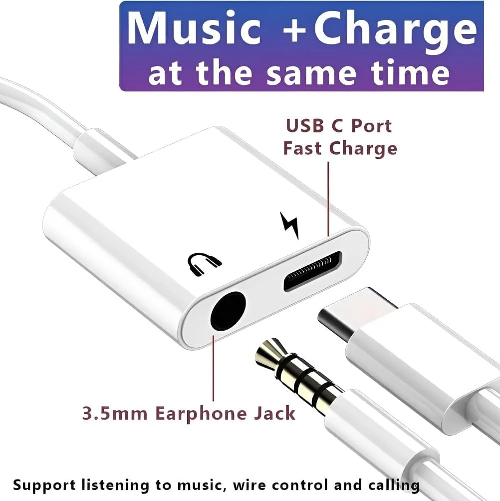 تبدیل USB-C به جک هدفون 3.5 میلی‌متری و شارژر، 2 در 1، تبدیل Type-C به جک صوتی AUX با شارژ سریع PD 3.0 60W، سازگار با Samsung S23 Ultra/S23/S22/S21 Note20/10 Pixel 5/4 iPad Pro Air
