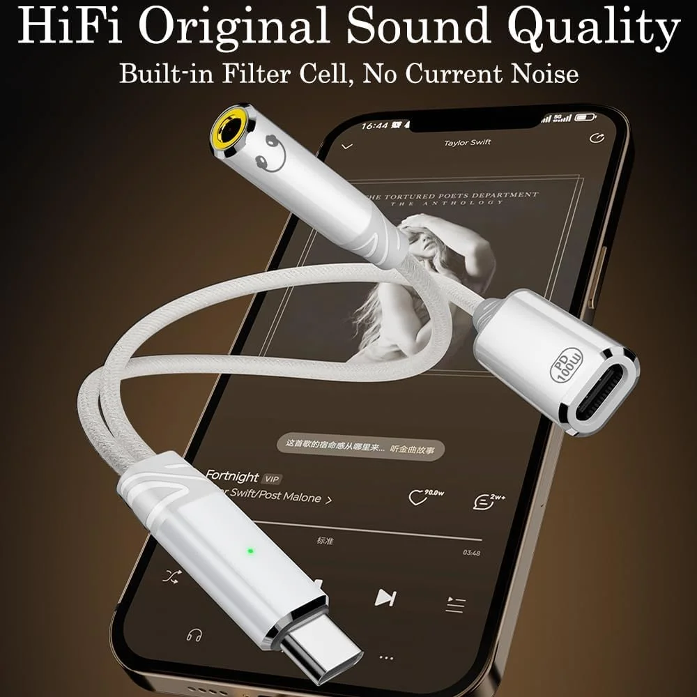 تبدیل USB-C به جک 3.5 میلی‌متری هدفون، تبدیل کننده USB Type-C نر به جک 3.5 میلی‌متری هدفون ماده، کابل صدا و برق USB-C دو در یک، پشتیبانی از کنترل خط و تماس، با کابل شارژ سریع