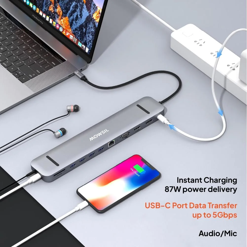 داک استیشن 13 در 1 USB C موسیل با شارژ 100 واتی PD، 1 HDMI 4K@60Hz، Dp1.4V 60Hz، VGA، اترنت، کارت خوان TF/SD، Type C PD 100w، جک صوتی 3.5 میلی متری و 4 USB 3.0، داک Type C برای ویندوز و مک OS