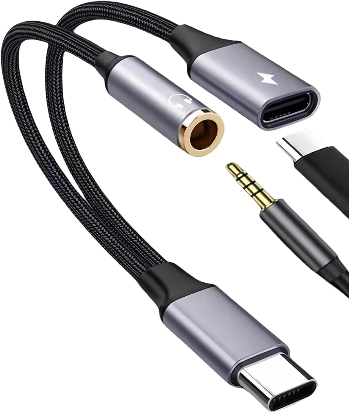 آداپتور 2 در 1 USB-C به جک 3.5 میلی‌متری صدا و شارژر، USB Type-C به AUX صدا با شارژ سریع 15 واتی PD، سازگار با iPhone 16/15 Pro Max، Galaxy S24/S23 Ultra، iPad Pro (خاکستری)
