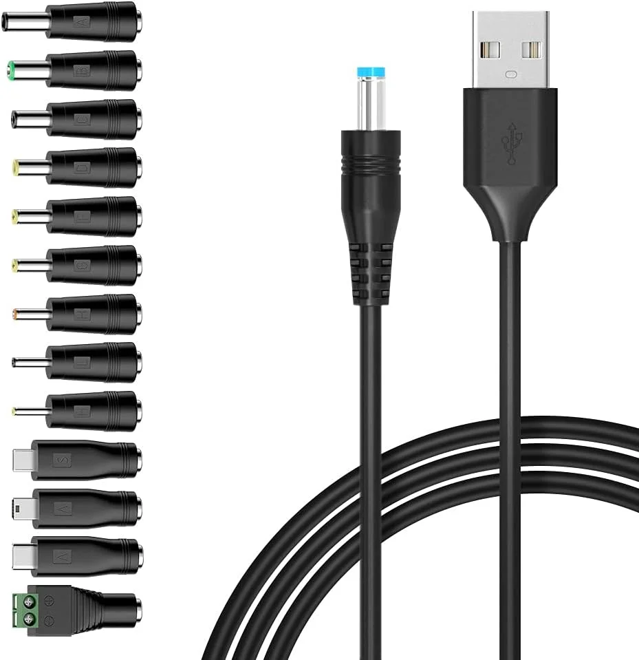 کابل برق شارژ جهانی 5 ولت DC با جک 5.5 2.1 میلی‌متری Belker، کابل برق USB به DC با 14 آداپتور و کانکتور قابل تعویض سازگار با دستگاه‌های 5 ولت با حداکثر پشتیبانی 3 آمپر