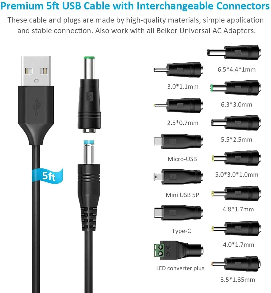 کابل برق شارژ جهانی 5 ولت DC با جک 5.5 2.1 میلی‌متری Belker، کابل برق USB به DC با 14 آداپتور و کانکتور قابل تعویض سازگار با دستگاه‌های 5 ولت با حداکثر پشتیبانی 3 آمپر