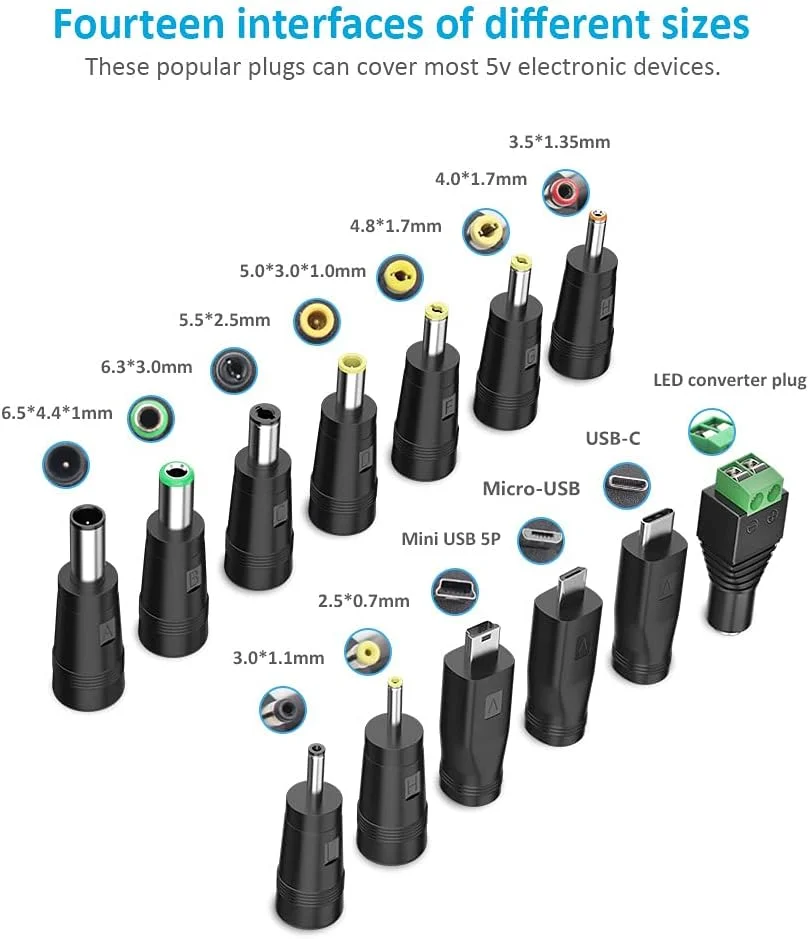 کابل برق شارژ جهانی 5 ولت DC با جک 5.5 2.1 میلی‌متری Belker، کابل برق USB به DC با 14 آداپتور و کانکتور قابل تعویض سازگار با دستگاه‌های 5 ولت با حداکثر پشتیبانی 3 آمپر