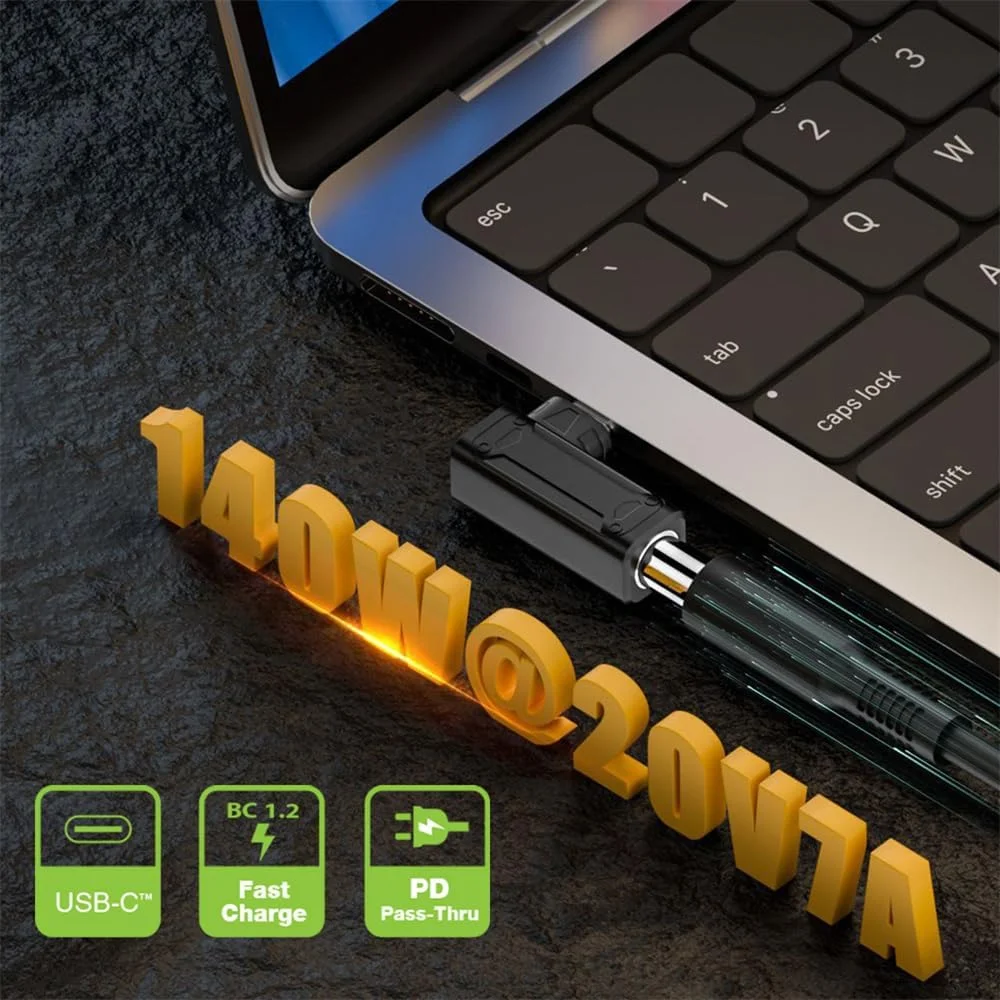 کابل تبدیل جک DC با ورودی 6.0x1.4 میلی‌متر به USB-C Type-C زاویه‌دار 90 درجه با توان 140 واتی برای شارژ لپ‌تاپ و تلفن