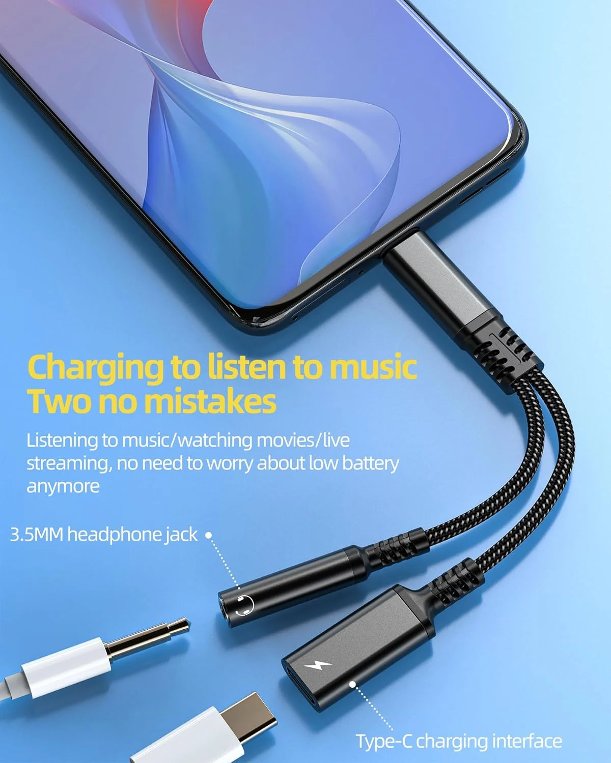 آداپتور USB-C به 3.5mm صدا، دانگل شارژر، کابل 2 در 1 DAC Type C Aux Splitter، سازگار با iPhone 15 16 Pro Max و iPad، سازگار با Samsung Galaxy S24 S23 Ultra Note10 S9، لوازم جانبی جک هدفون