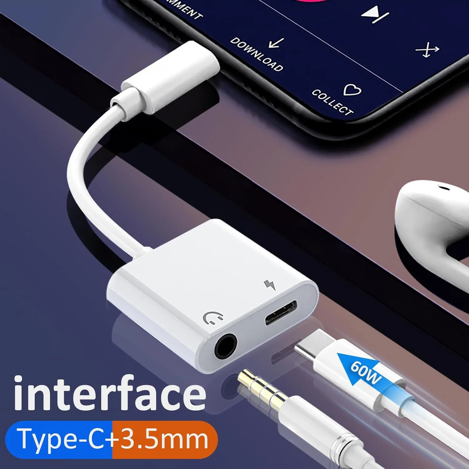 آداپتور USB C به جک هدفون 3.5 میلی‌متری و شارژر APAKA، پورت شارژ سریع 2 در 1 USB Type C به Aux Audio با توان 60 وات، سازگار با i-Phone 15 Pro Max، Gala-xy S23، i-Pad Pro، Mac-Book