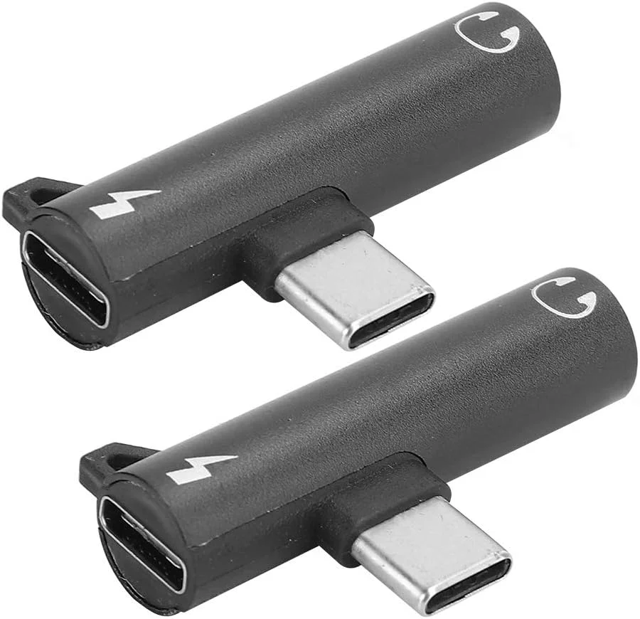 آداپتور Type C به USB C و صوتی 3.5 میلی‌متری، 2 عدد تبدیل کننده USB-C به جک هدفون و پورت C مادگی شارژ، اسپلیتر USB C زاویه دار برای تلفن و تبلت (مشکی)