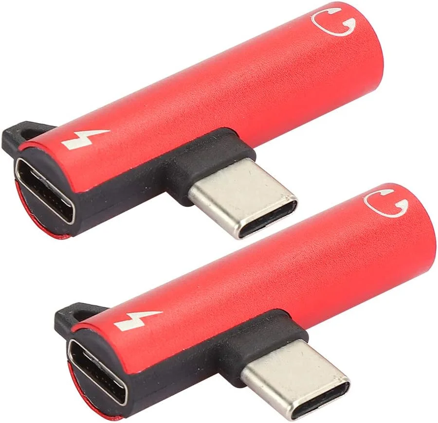 آداپتور Type C به USB C و صوتی 3.5 میلی‌متری، 2 عدد تبدیل کننده USB-C Aux Jack برای هدفون و پورت شارژ مادگی C، اسپلیتر USB C زاویه دار برای تلفن و تبلت (قرمز)