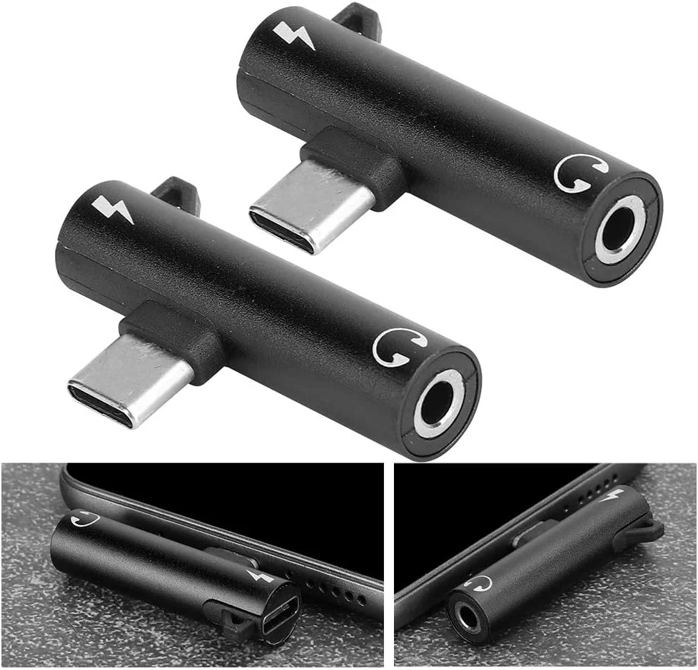 آداپتور Type C به USB C و صوتی 3.5 میلی‌متری، 2 عدد تبدیل کننده USB-C به جک هدفون و پورت C مادگی شارژ، اسپلیتر USB C زاویه دار برای تلفن و تبلت (مشکی)