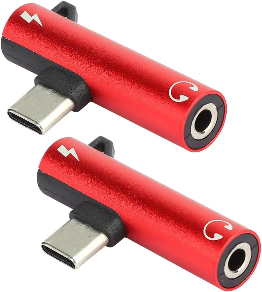 آداپتور Type C به USB C و صوتی 3.5 میلی‌متری، 2 عدد تبدیل کننده USB-C Aux Jack برای هدفون و پورت شارژ مادگی C، اسپلیتر USB C زاویه دار برای تلفن و تبلت (قرمز)
