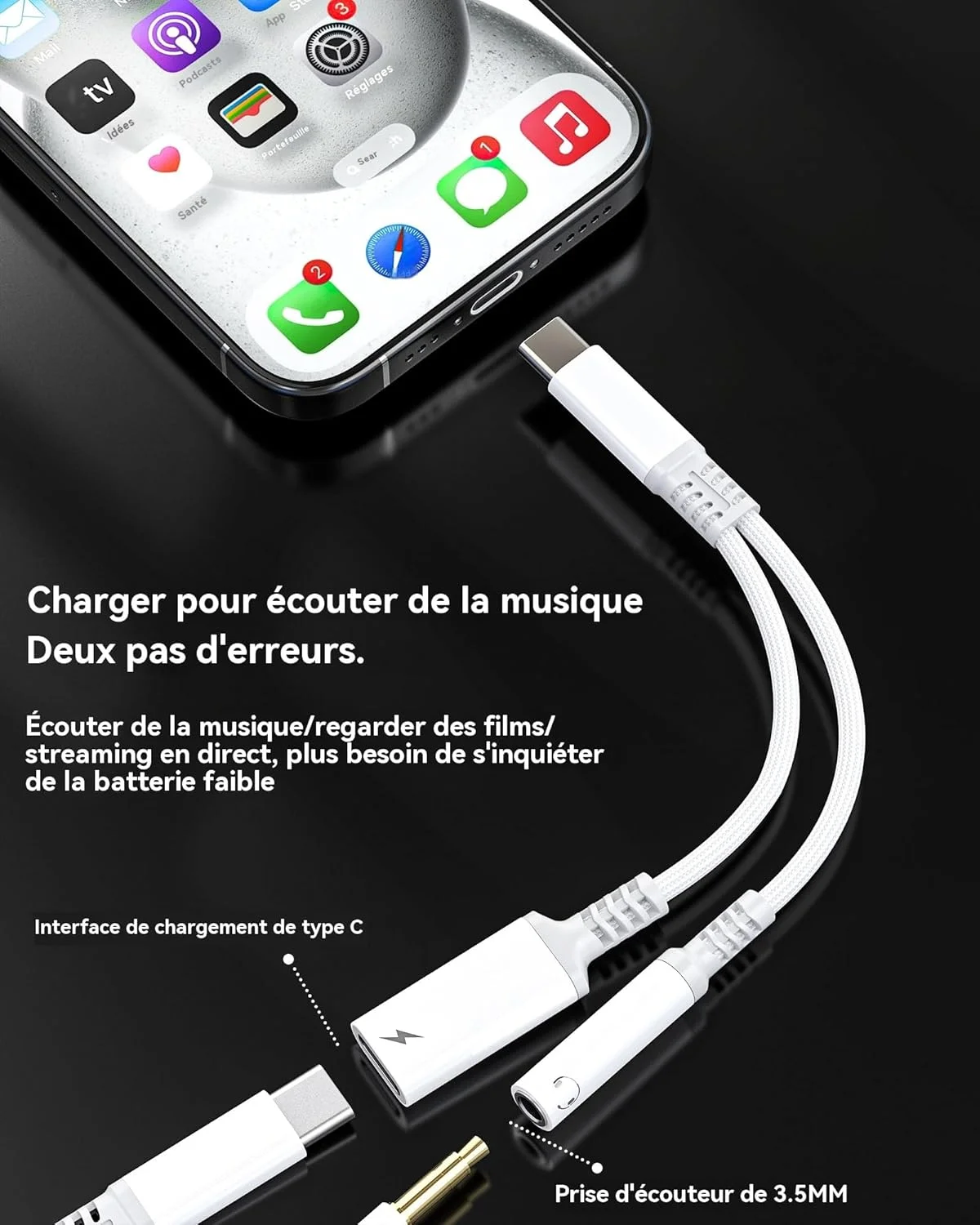 آداپتور USB C به جک 3.5 میلی‌متری (2 در 1) شارژر هدفون برای آیفون 16 15 پرو سازگار با سامسونگ گلکسی S23 S22 Ultra کابل صوتی هدفون برای درگاه شارژ اپل آیپد DAC AUX