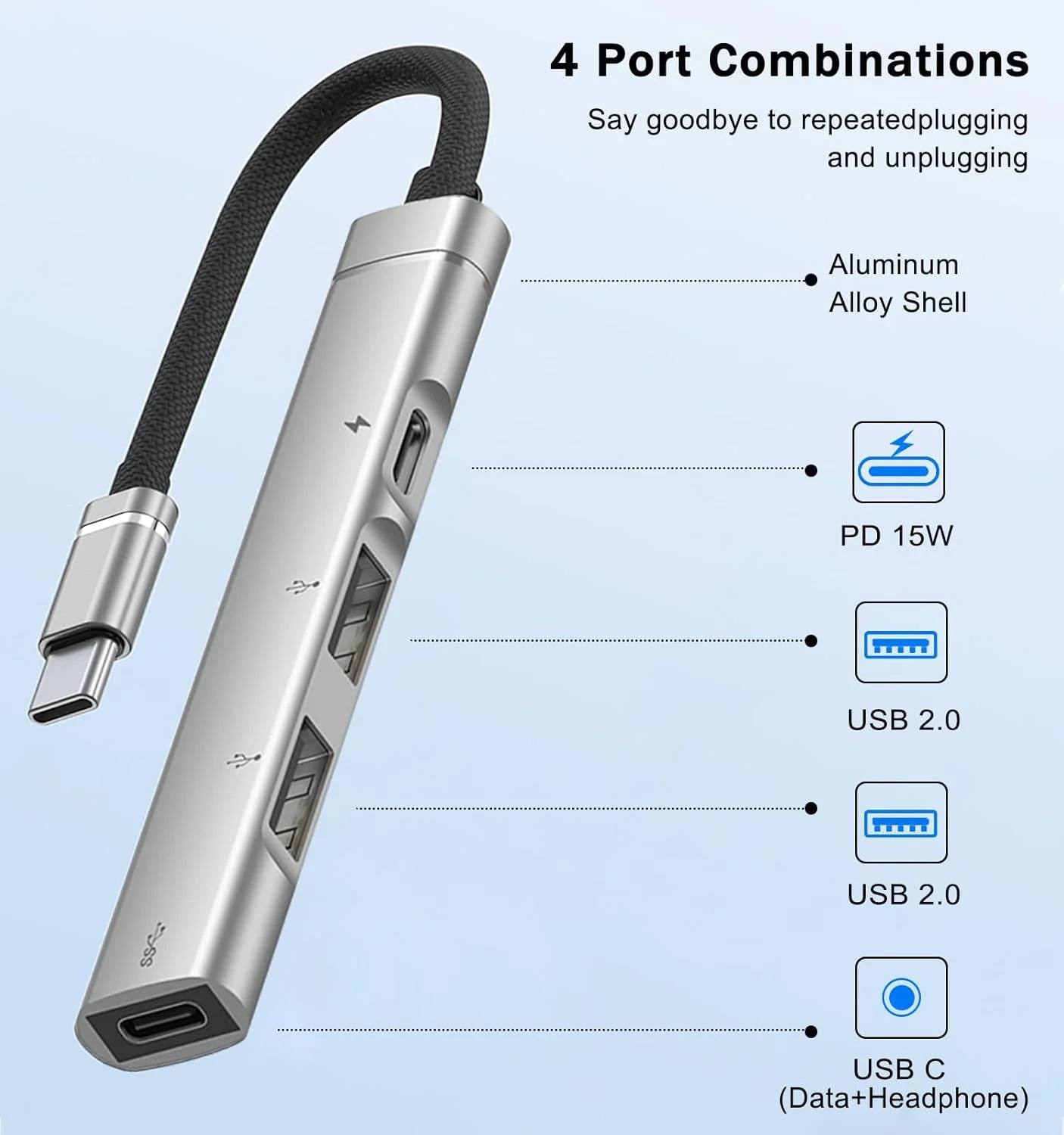 آداپتور USB C چهار پورت با پورت های هدفون و شارژ Type C، هاب آلومینیومی USB C برای آیفون 15/16، آیپد ایر/پرو، مک بوک، XPS، آی مک مینی، لپ تاپ/تبلت/تلفن های بیشتر