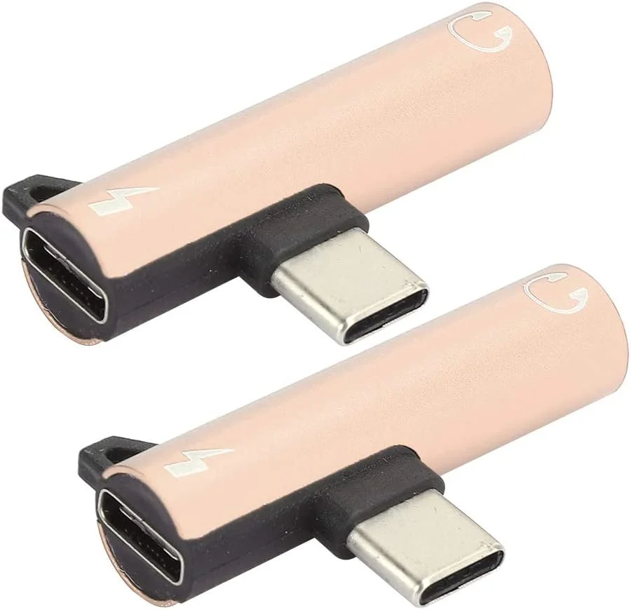 آداپتور Type C به USB C و صوتی 3.5 میلی‌متری، 2 عدد تبدیل کننده USB-C به جک هدفون Aux و درگاه C مادگی شارژ، اسپلیتر USB C زاویه دار برای تلفن و تبلت (طلایی)