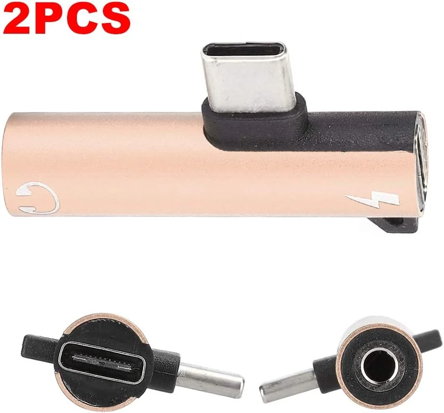 آداپتور Type C به USB C و صوتی 3.5 میلی‌متری، 2 عدد تبدیل کننده USB-C به جک هدفون Aux و درگاه C مادگی شارژ، اسپلیتر USB C زاویه دار برای تلفن و تبلت (طلایی)