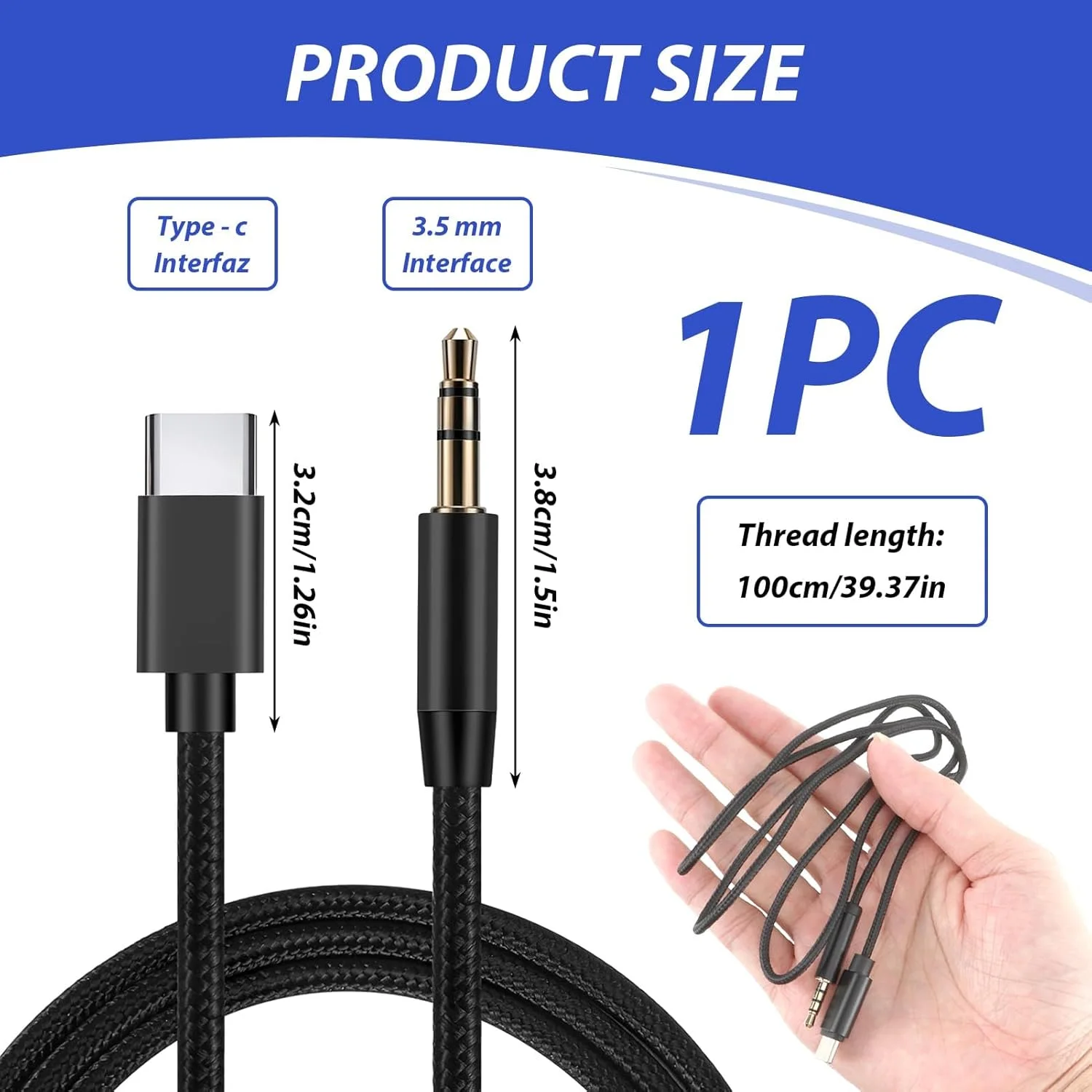 کابل USB-C به جک صوتی 3.5 میلی‌متری، کابل تبدیل Type-C به نری 3.5 میلی‌متری هدفون، سیم کمکی استریو، سازگار با Samsung Huawei iPhone Galaxy، بافته شده از نایلون، مشکی، 1 متر