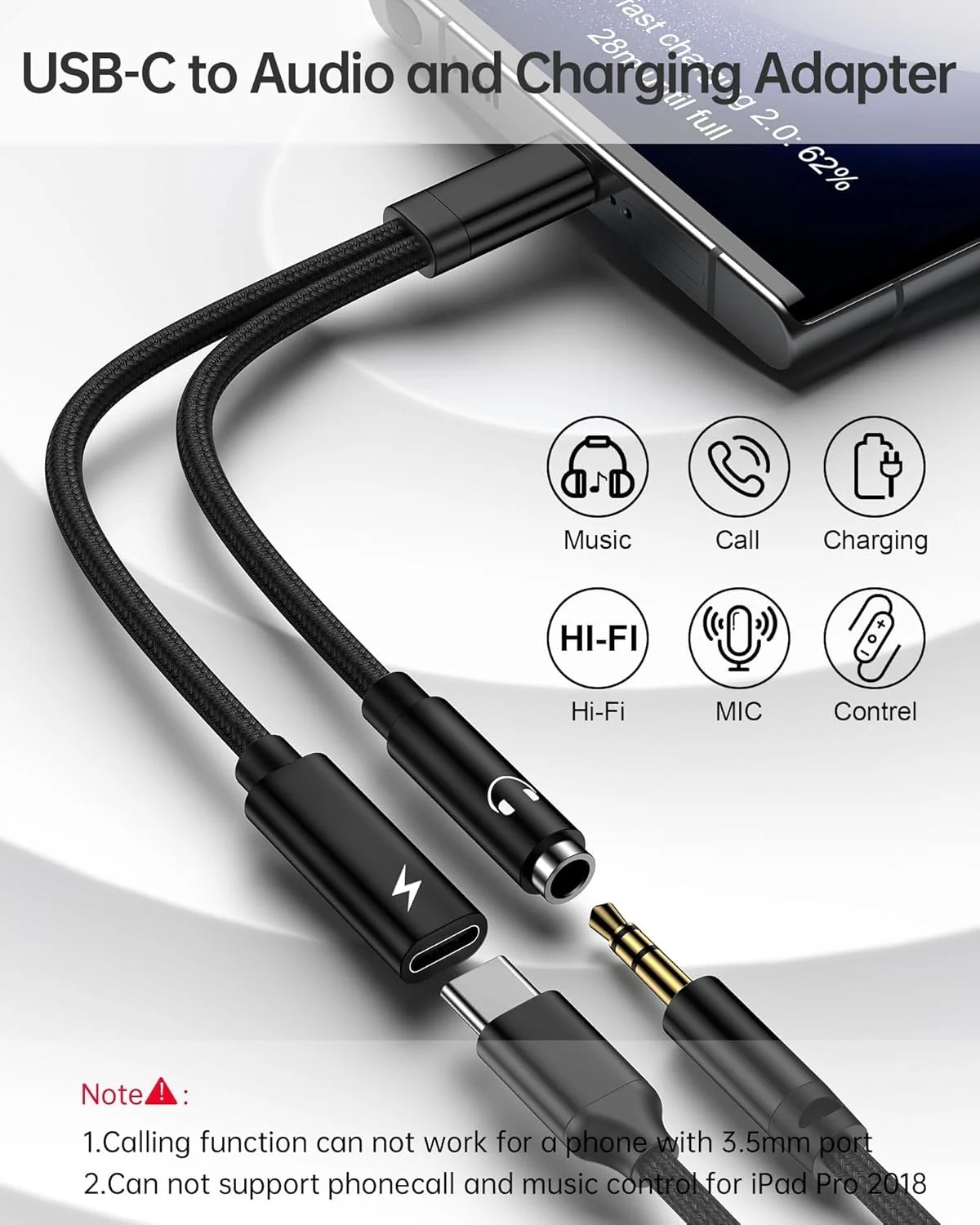 تبدیل USB C به AUX 3.5 میلی‌متری 2 در 1، دانگل اندروید C به C با شارژ سریع برای Samsung Galaxy، آداپتور جک هدفون Apple iPhone 16 15، آداپتور سیم صدا AUX با توان 60 وات PD، تبدیل کننده AUX نر به ماده (2 عدد)